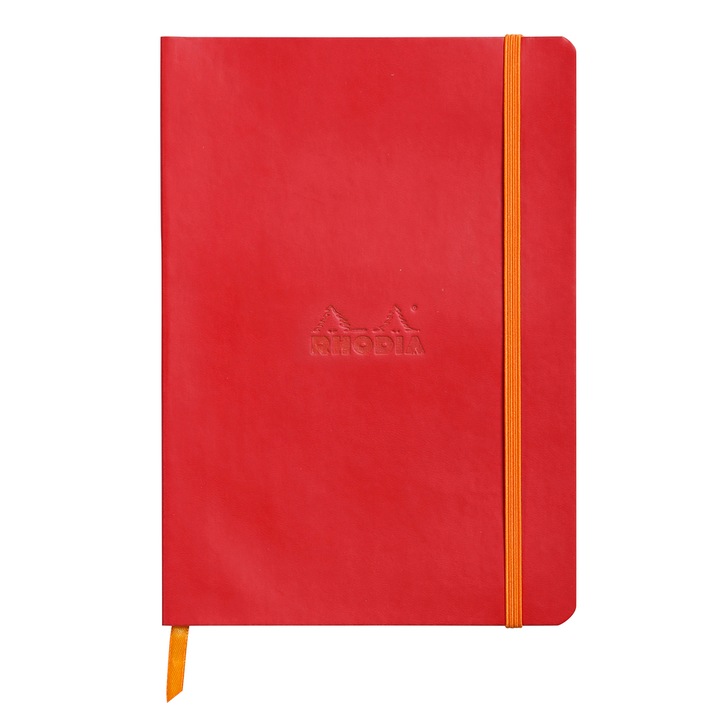 Notebook coperta moale din piele artificiala A5 Clairefontaine Rhodia, Certificare PEFC, 160 pagini dictando 90 g/mp, Semn de carte, Buzunar interior, Inchidere cu elastic, Rosu