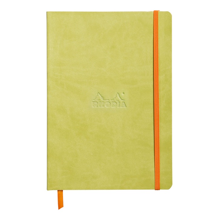 Notebook coperta moale din piele artificiala A5 Clairefontaine Rhodia, Certificare PEFC, 160 pagini punctate 90 g/mp, Semn de carte, Buzunar interior, Inchidere cu elastic, Verde anason