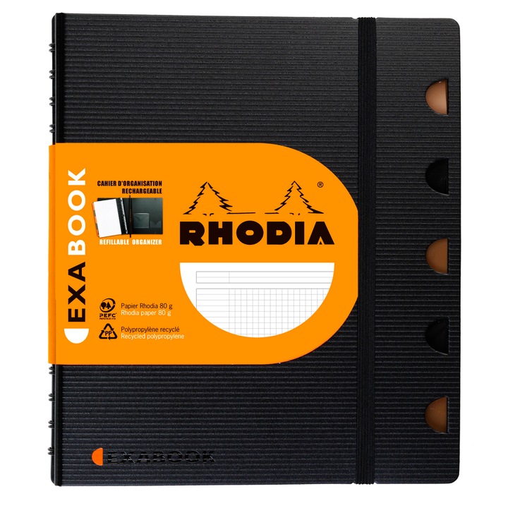 Agenda nedatata cu spira A5+ Clairefontaine Rhodia Exabook multifunctionala, PP, Certificare PEFC, 160 pagini cu patratele, rigla repozitionabila, 5 separatoare, buzunare CD, Negru