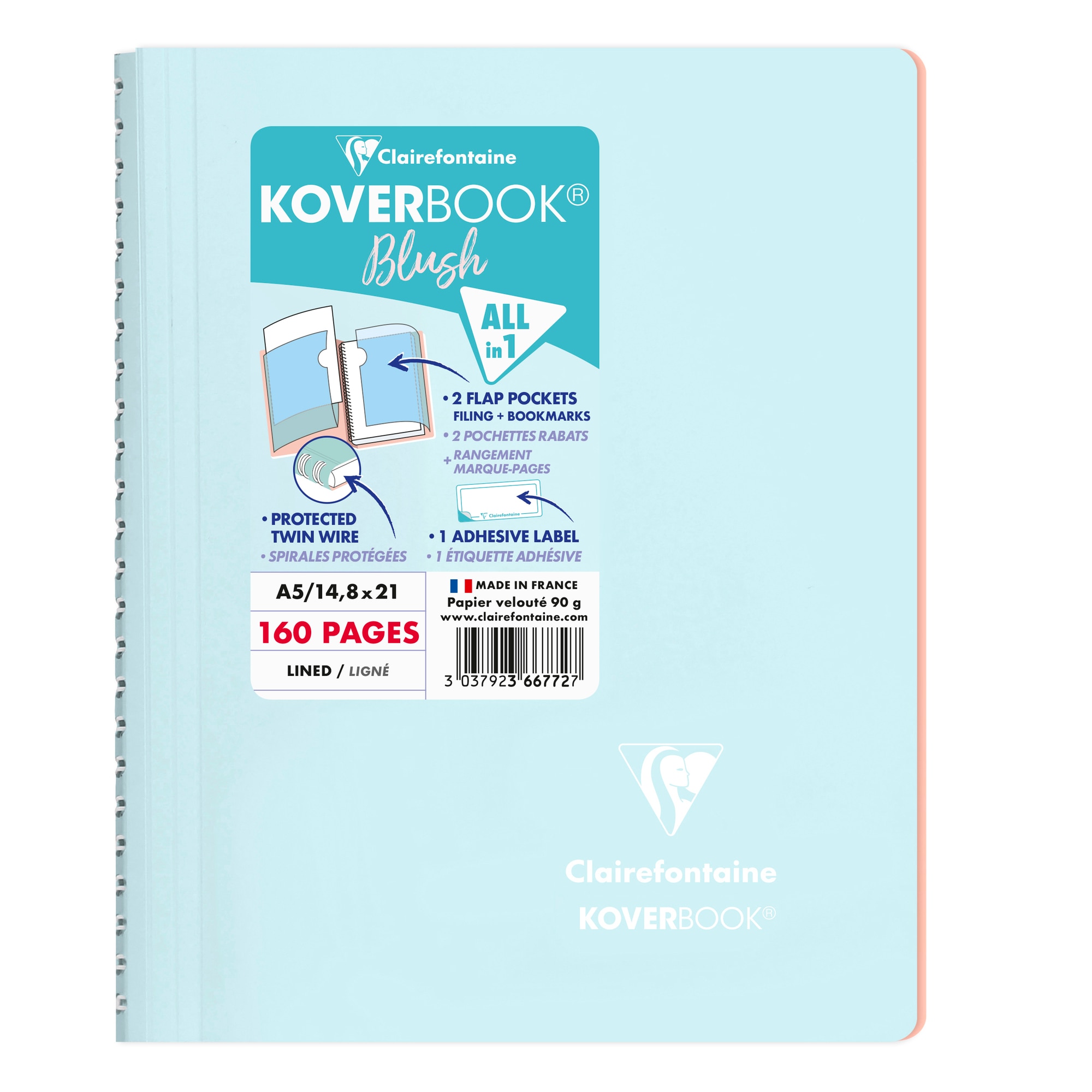 Caiet cu spira A5 Clairefontaine Koverbook Blush, 80 file, Dictando, Hartie Velvety Vellum 90 g/mp, Certificare PEFC, Coperta polipropilena opaca bicolora, 2 Clapete pentru semn de