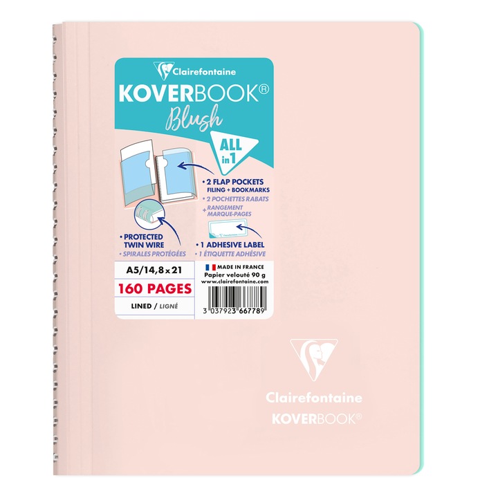 Caiet cu spira A5 Clairefontaine Koverbook Blush, 80 file, Dictando, Hartie Velvety Vellum 90 g/mp, Certificare PEFC, Coperta polipropilena opaca bicolora, 2 Clapete pentru semn de carte sau depozitare, 148 x 210 mm, Roz