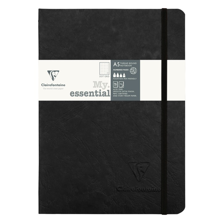 Notebook lipit A5 Clairefontaine Age Bag, 96 file, Punctat, Hartie Velvety Vellum 90 g/mp, Certificare PEFC, Coperta carton Pressboard cu efect piele, 2 buzunare, 148x210 mm, Negru