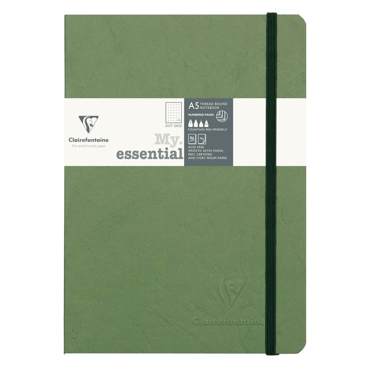 Тетрадка A5 Clairefontaine Age Bag, 96 страници, Пунктир, Хартия Velvety Vellum 90 г/м2, PEFC сертификат, Картонена корица Pressboard с кожен ефект, 2 джоба, 148x210 мм, Зелен