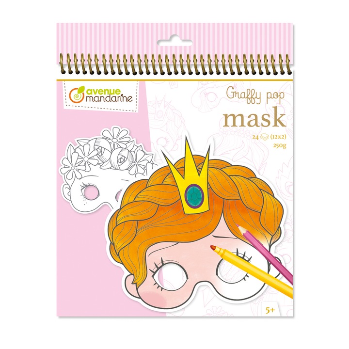 Masca pentru copii Fetite, Clairefontaine Mandarine, De colorat, Carton 250 g/mp, 20 x 25.5 cm, 12 modele x 2 buc / pachet, 5 ani+