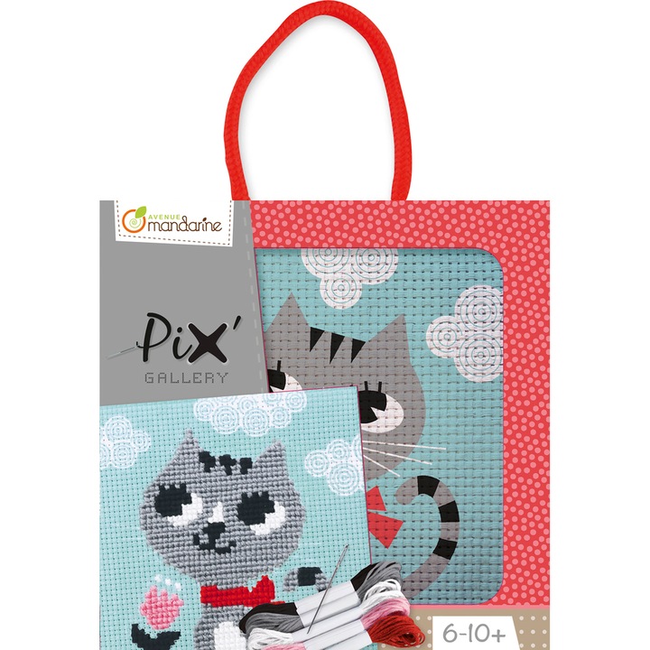 Комплект детски гоблен, Коте, 6-10 години+, Clairefontaine Mandarine, 15x1,5x19 см Съдържа: 1 плат за шиене 12,7x12,7 см, рамка 14x14 см, 5 цветни конеца, 1 игла, инструкции