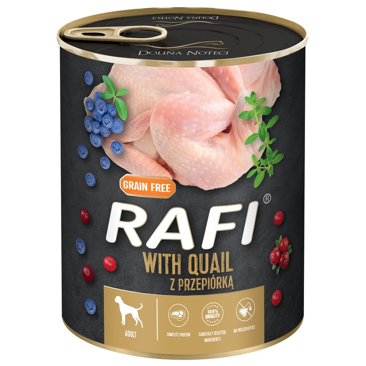 Консервa за кучета Rafi Adult с пъдпъдък и боровинки, 800гр