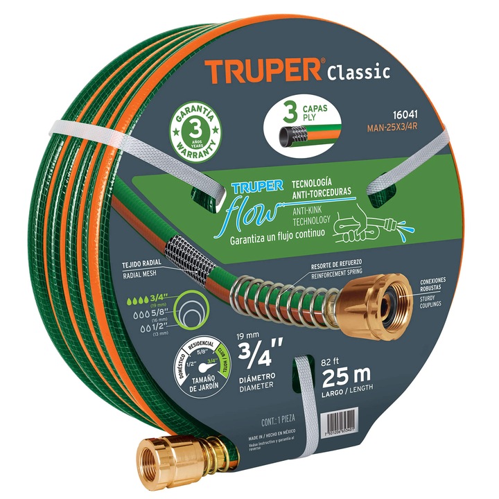 Градински маркуч 3/4", 25 м, 3 слоя, подсилен, с месингов конектор, Truper