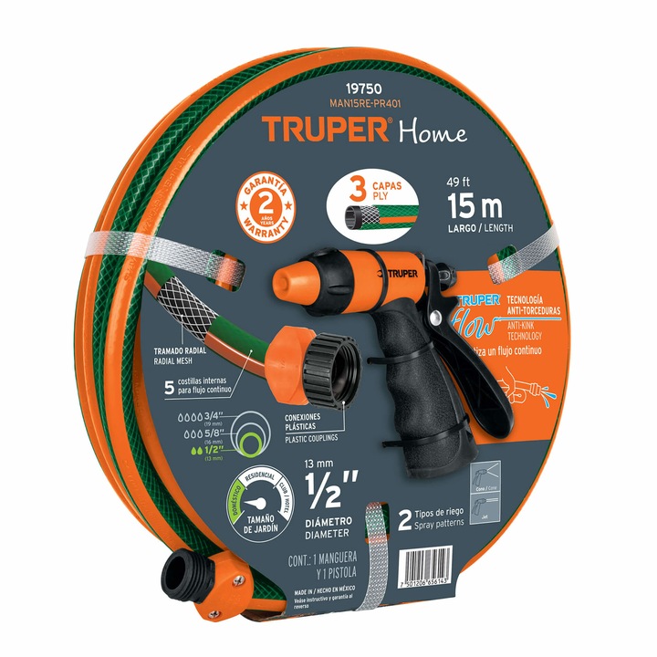 Kerti tömlőkészlet 1/2", 15 m, csatlakozóval és szórópisztollyal, Truper