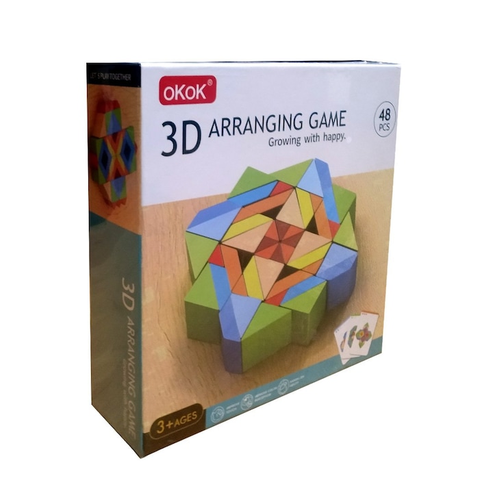 Set 48 piese geometrice 3D din lemn si 10 carduri cu modele imprimate fata-vero, mozaic Montessori, multicolor, + 3 ani