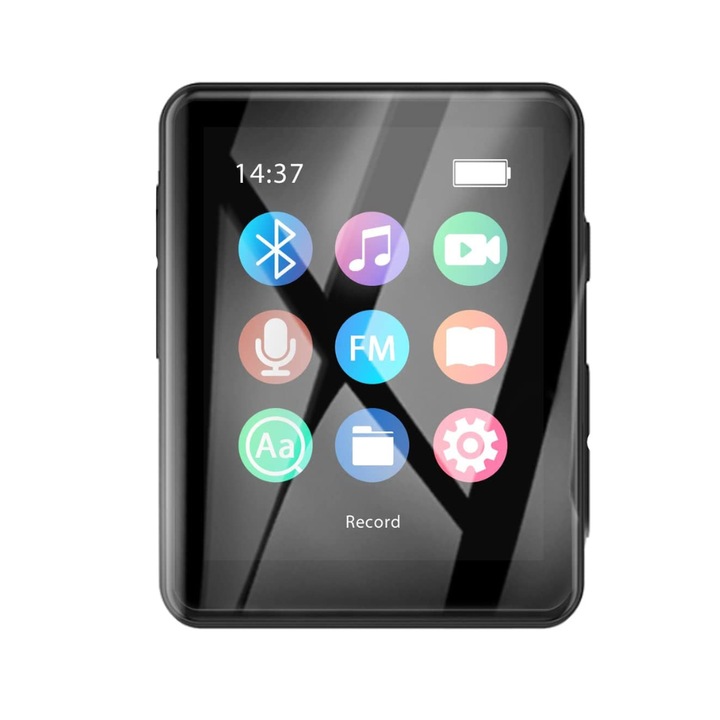MP3 lejátszó, rögzítőkapocs, 1,8 hüvelykes LCD képernyő, 64 GB 128 GB-ig támogat, Bluetooth 5.0, FM rádió, fekete szín