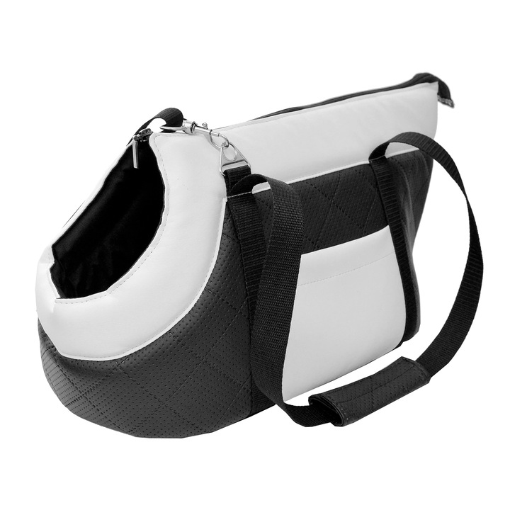 Geanta de transport pentru animale de companie, caini si pisici, L 47x29x28 cm, negru si alb metalic
