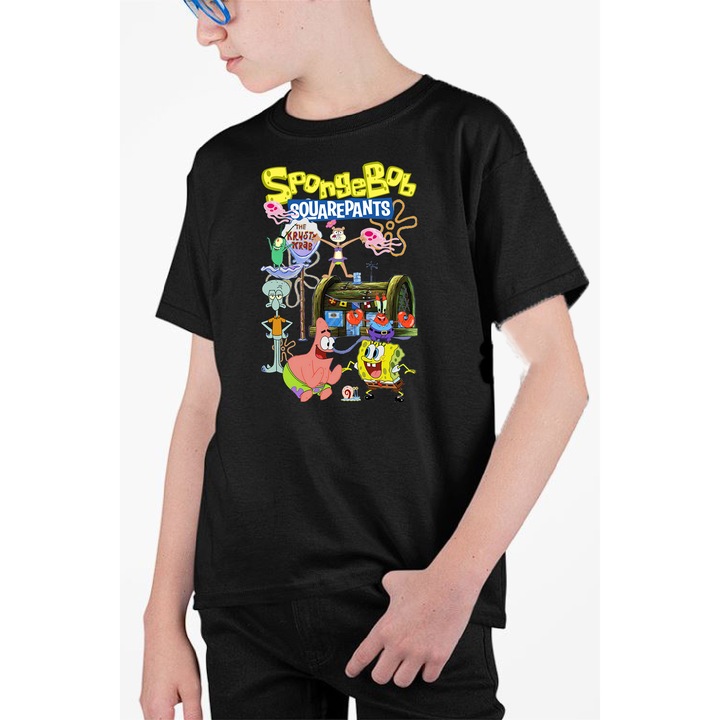 Tricou personalizat pentru copii cu imprimeu, Desene - Sponge Bob model 1, Negru, 146 cm, 10 ani