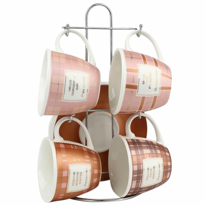 Set 4 cani cafea, DKD Home Decor, Portelan, Cu farfurii, Suport din metal, 210 ml, Multicolor