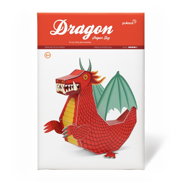 Kit craft de construit un dragon rosu PUKACA din hartie, prin decupare, pliere, lipire, de 20 cm x 20 cm x 20 cm