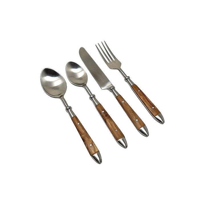 Set 16 tacamuri, Dkd Home Decor, Inox/Lemn, 4.5 x 2 x 20 cm, Argintiu/Natural