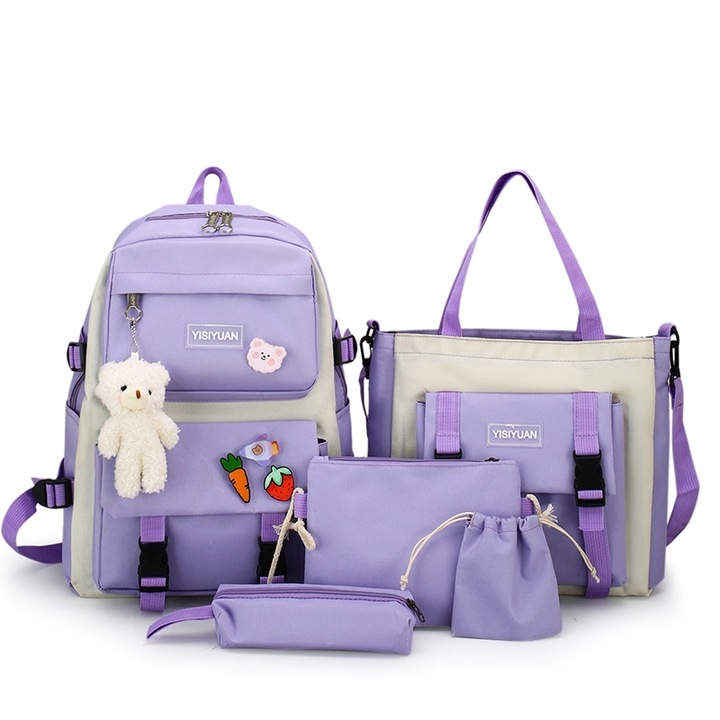 Set 5 rucsacuri/ghiozdane, XYXBEBAO Brand YISIYUAN logo, Nylon, Mov/Bej