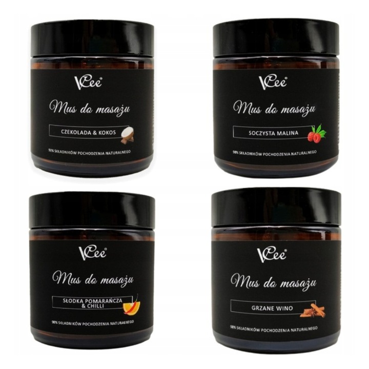 Set mousse de masaj VCee 4 x 100 ml spuma profesionala pentru masaj relaxare ingrijire corporala hidratare intensiva si terapie wellness la domiciliu