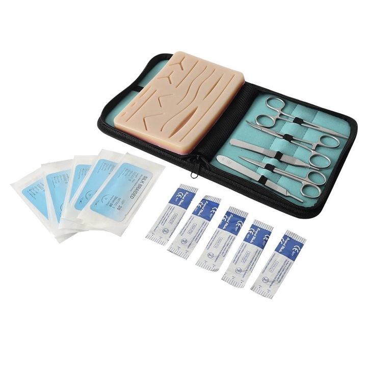 Kit practica, antrenament suturi chirurgicale, albastru, 17 in 1, 5 lame, 5 suturi, 5 instrumente, 1 tampoane din silicon cu 3 straturi, 1 geanta portabila