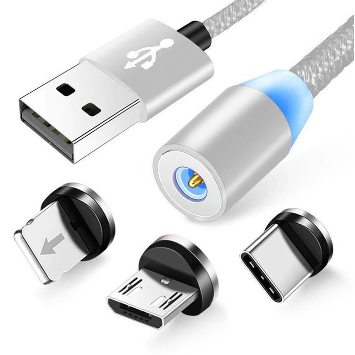 Mágneses USB telefontöltő kábel | Gyorstöltés 3.0 2.4A, AM23-1M-3in1-Ezüst