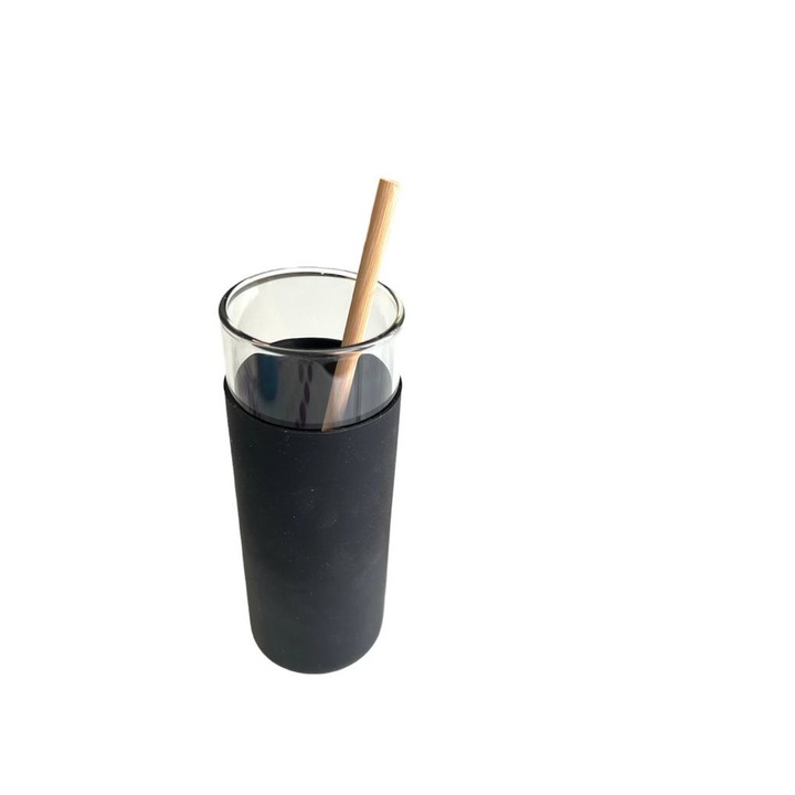 Pahar inalt din sticla si silicon, cu capac si pai din bambus, pentru smoothie, suc, limonada 600ml, negru
