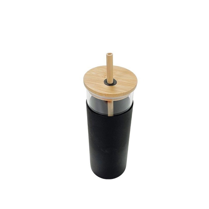 Pahar inalt din sticla si silicon, cu capac si pai din bambus, pentru smoothie, suc, limonada 600ml, negru