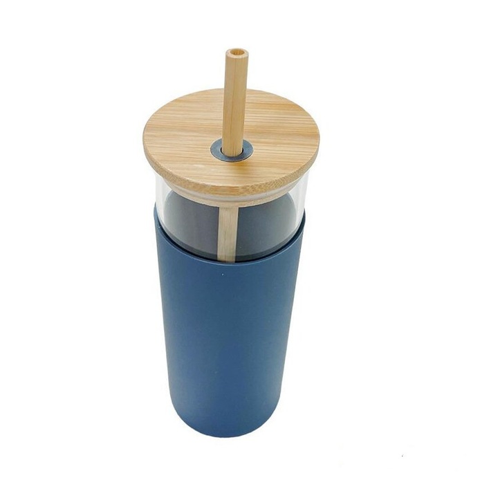 Pahar inalt din sticla si silicon, cu capac si pai din bambus, pentru smoothie, suc, limonada 600ml, albastru