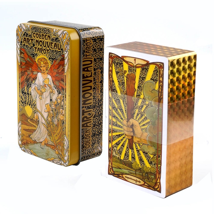 Set 78 carti tarot, sundiguer, Art Nouveau, potrivit pentru incepatori, in cutie metalica, Auriu