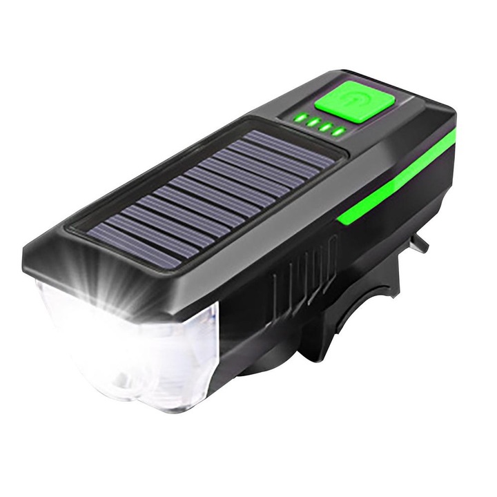 Far Led pentru bicicleta cu incarcare solara si USB, indicator incarcare baterie, claxon 120db, negru cu verde