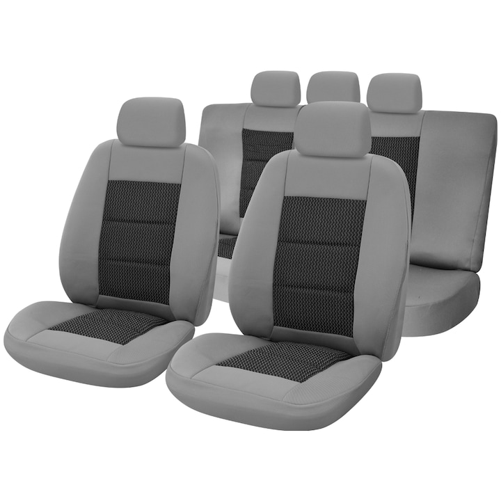 Универсални калъфи за автомобилни седалки, Premium Lux, Текстил, 11 части, Черно/Сиво
