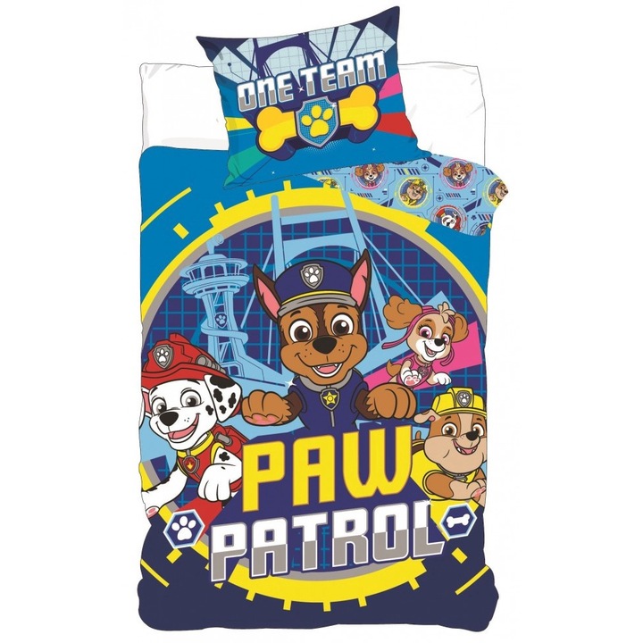 Set lenjerie pat copii Paw Patrol One Team 100x135 + 40x60, SunCity, Albastru