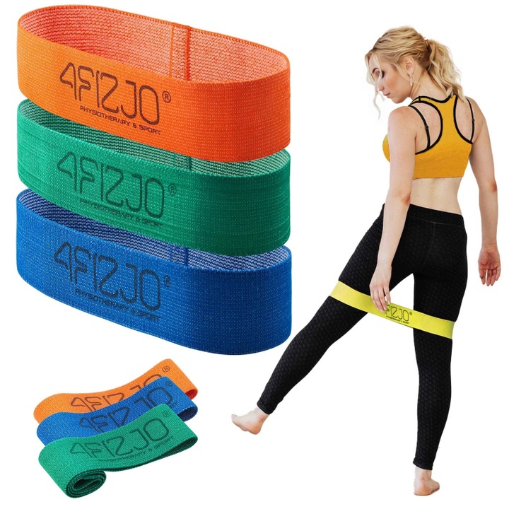 Set 3 benzi elastice FLEX BAND, 4FIZJO, antrenament picioare, fesieri, exercitii de forta, material bumbac, latex, rezistenta reglabila, 1-15 kg, flexibilitate, recuperare, corectare postura, pomaratie/verde/albastru