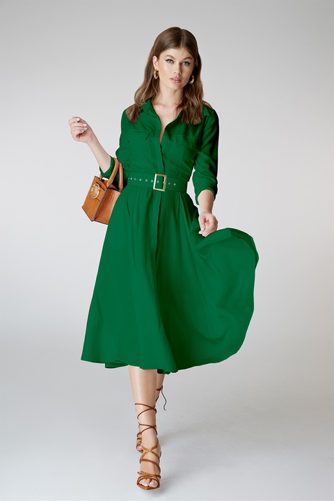 Alina Cernatescu, Rochie midi evazata cu o curea Classy, Verde, S