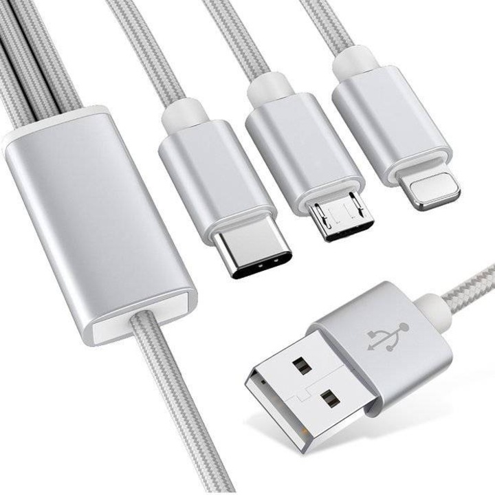 3 az 1-ben USB töltőkábel telefonhoz - Micro USB / Lightning / Type-C, UC-005-Silver
