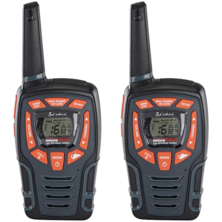 Set 2 statii walkie-talkie Cobra AM855 , raza pana la 10 km , 16 canale si 121 coduri private , design robust , rezistent la apa (IPX2) , lanterna LED , dock incarcare , 6 acumulatori