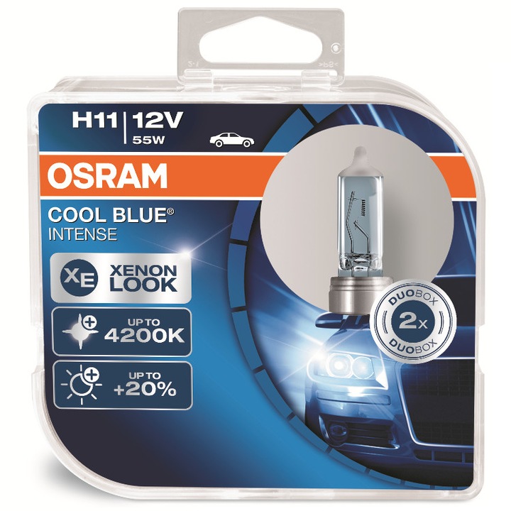 Set de 2 becuri far cu halogen Osram, H11, PGJ19-2, Cool Blue Intense, 12V, 55W