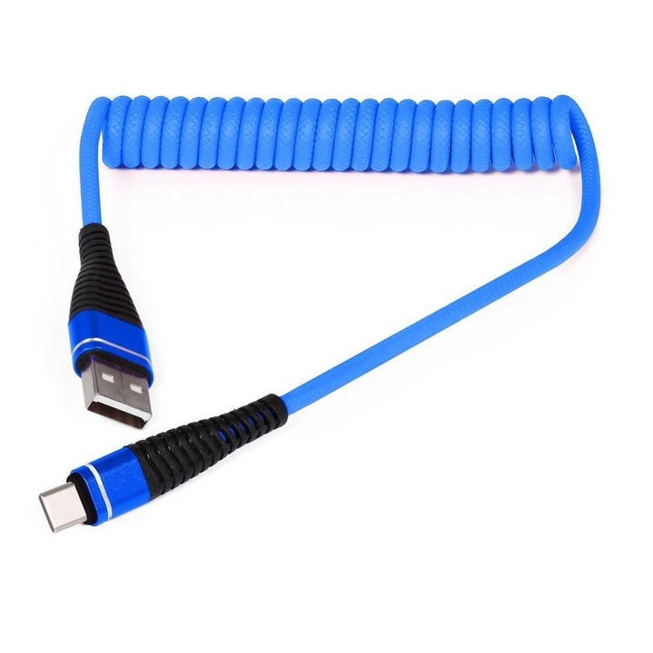 Spirál USB telefontöltő kábel | Gyorstöltés 3.0 2.4A, AM32-1M, Type-C, kék