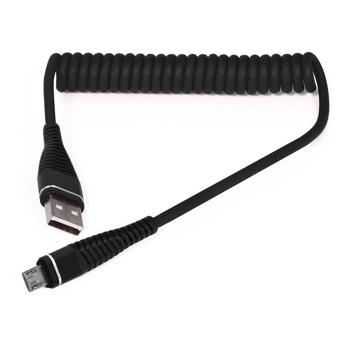 Spirál USB telefontöltő kábel | Gyorstöltés 3.0 2.4A, AM32-1M-Micro-Black