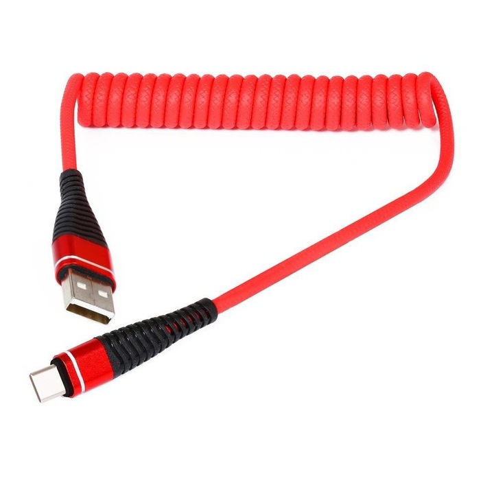 Spirál USB telefontöltő kábel | Gyorstöltés 3.0 2.4A, AM32-1M-Type-C-Red