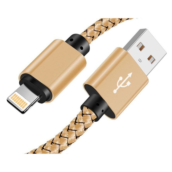 Cablu USB din nailon pentru iPhone 11 XS XR X 8 7 6 5S SE, C-06-IPHONE-2M-GOLD