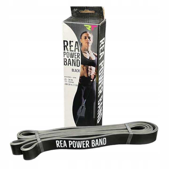 Banda elastica circulara de rezistenta Rea Tape pentru exercitii de forta si fitness, realizata din cauciuc natural, lungime 208 cm, rezistenta 23-34kg, negru