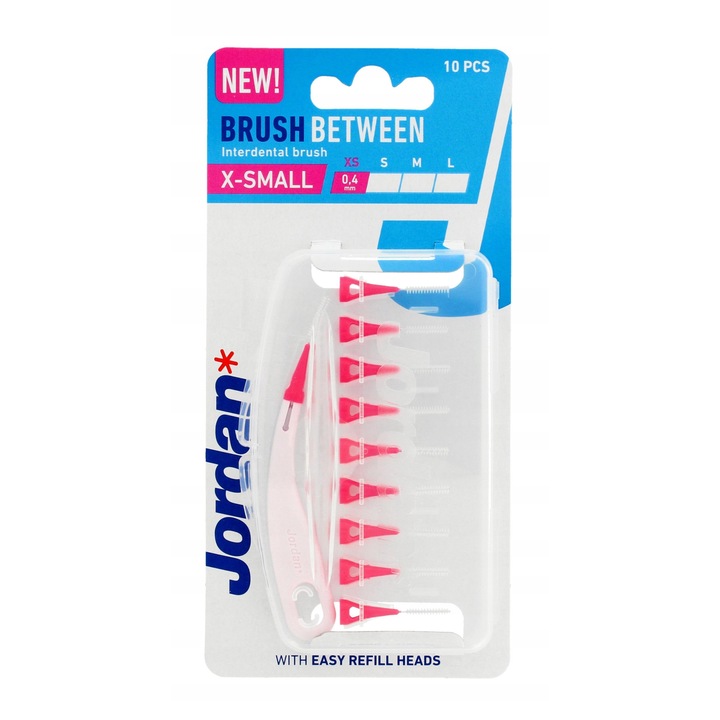 10 db-os interdentális kefe készlet, Jordan, műanyag, XS méret, 0,4 mm, átlátszó/piros