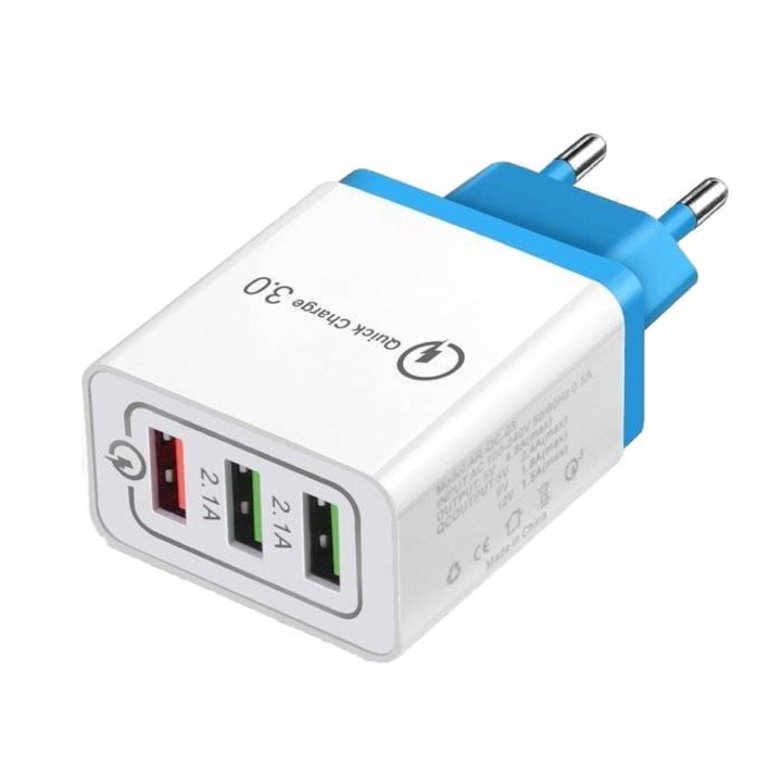 Мрежово зарядно Quick Charge 3.0, Interlook, USB, Бързо зареждане, Бяло/Синьо