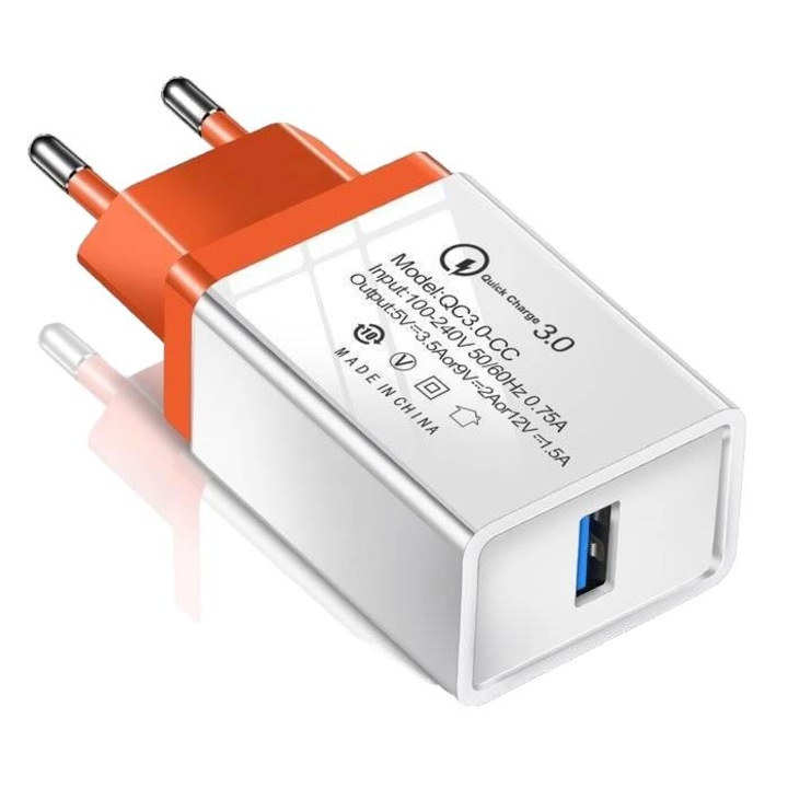 Incarcator retea Quick Charge 3.0, Interlook, USB, Incarcare rapida, Alb/Portocaliu