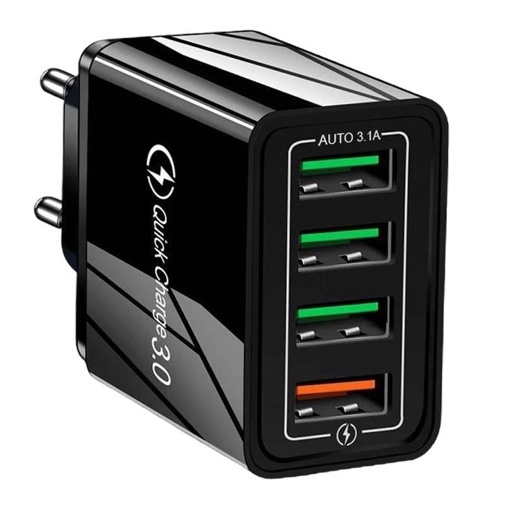Incarcator retea cu 4 porturi Quick Charge 3.0, Interlook, USB, Incarcare rapida, Negru