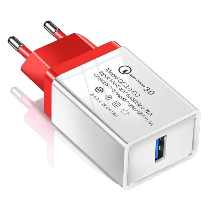 Мрежово зарядно Quick Charge 3.0, Interlook, USB, Бързо зареждане, Бяло/Червено
