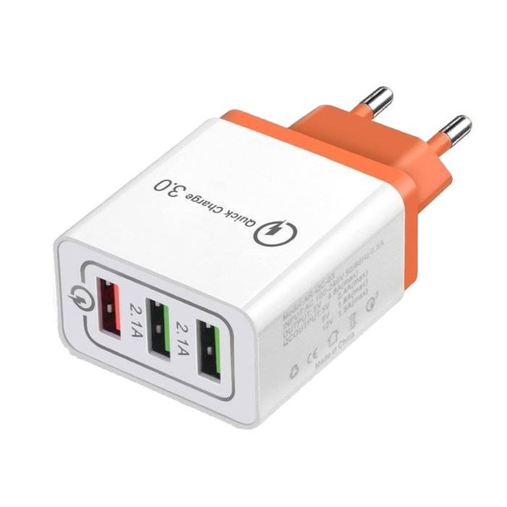 Мрежово зарядно с 3 порта Quick Charge 3.0, Interlook, USB, Бързо зареждане, Бяло/Оранжево