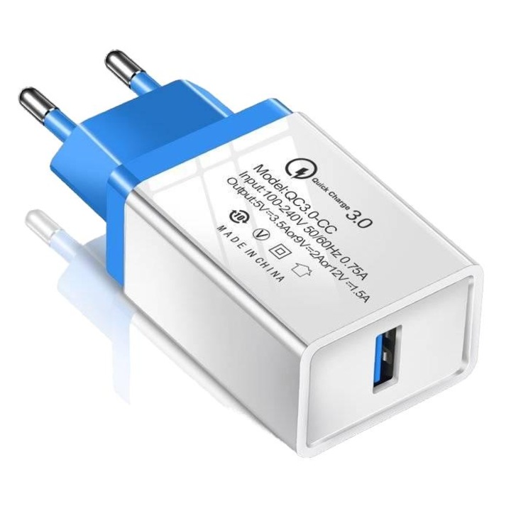 Incarcator retea Quick Charge 3.0, Interlook, USB, Incarcare rapida, Alb/Albastru