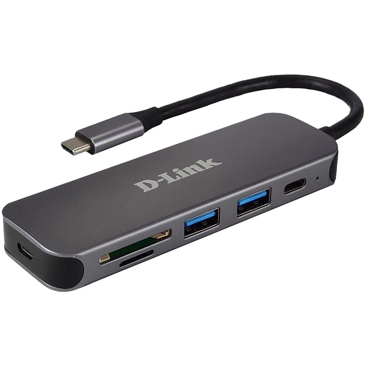 HUB USB D-LINK DUB-2325, USB Type C, cablu 10 cm, metalic, argintiu