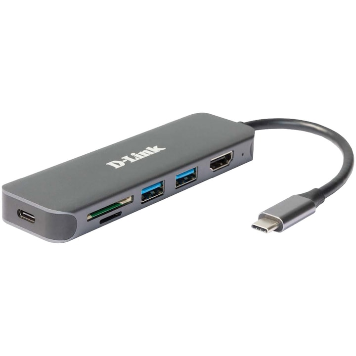 HUB USB D-LINK DUB-2327, USB Type C, cablu 10 cm, metalic, argintiu