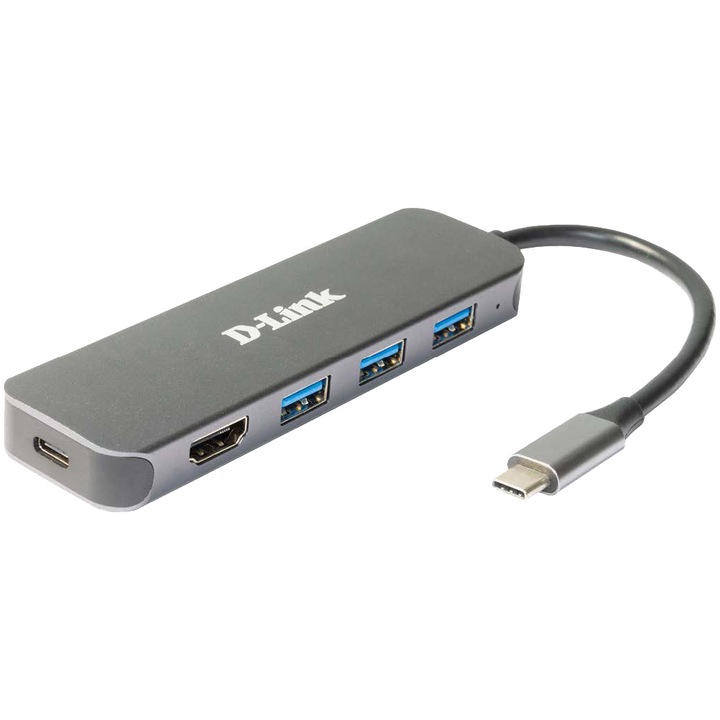 HUB USB D-LINK DUB-2333, USB Type C, cablu 10 cm, metalic, argintiu